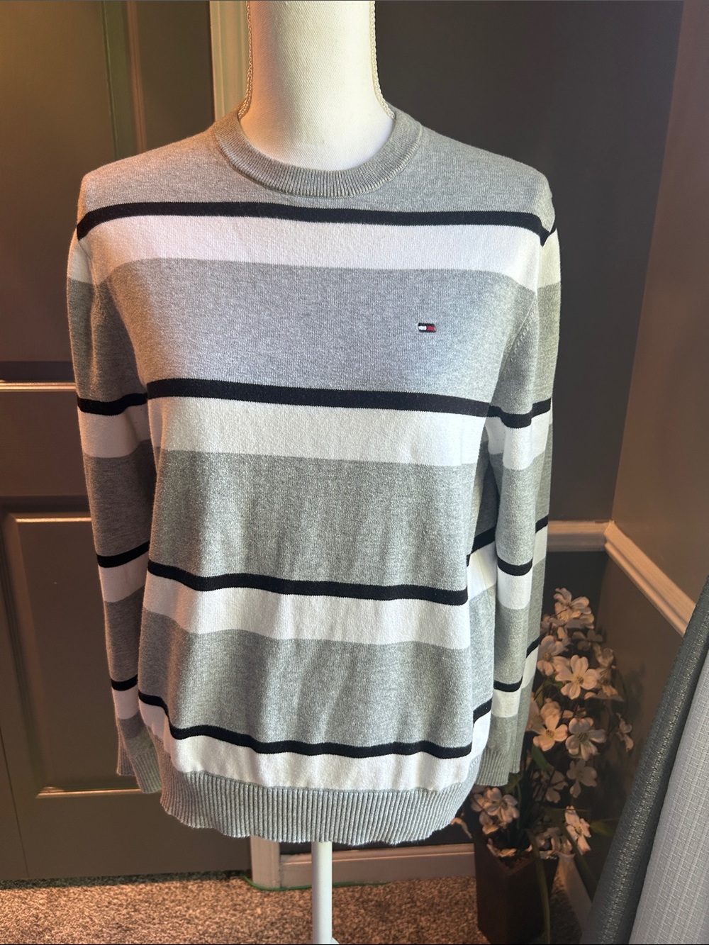 Tommy Hilfiger Light Gray, White & Black Striped Crewneck Sweater